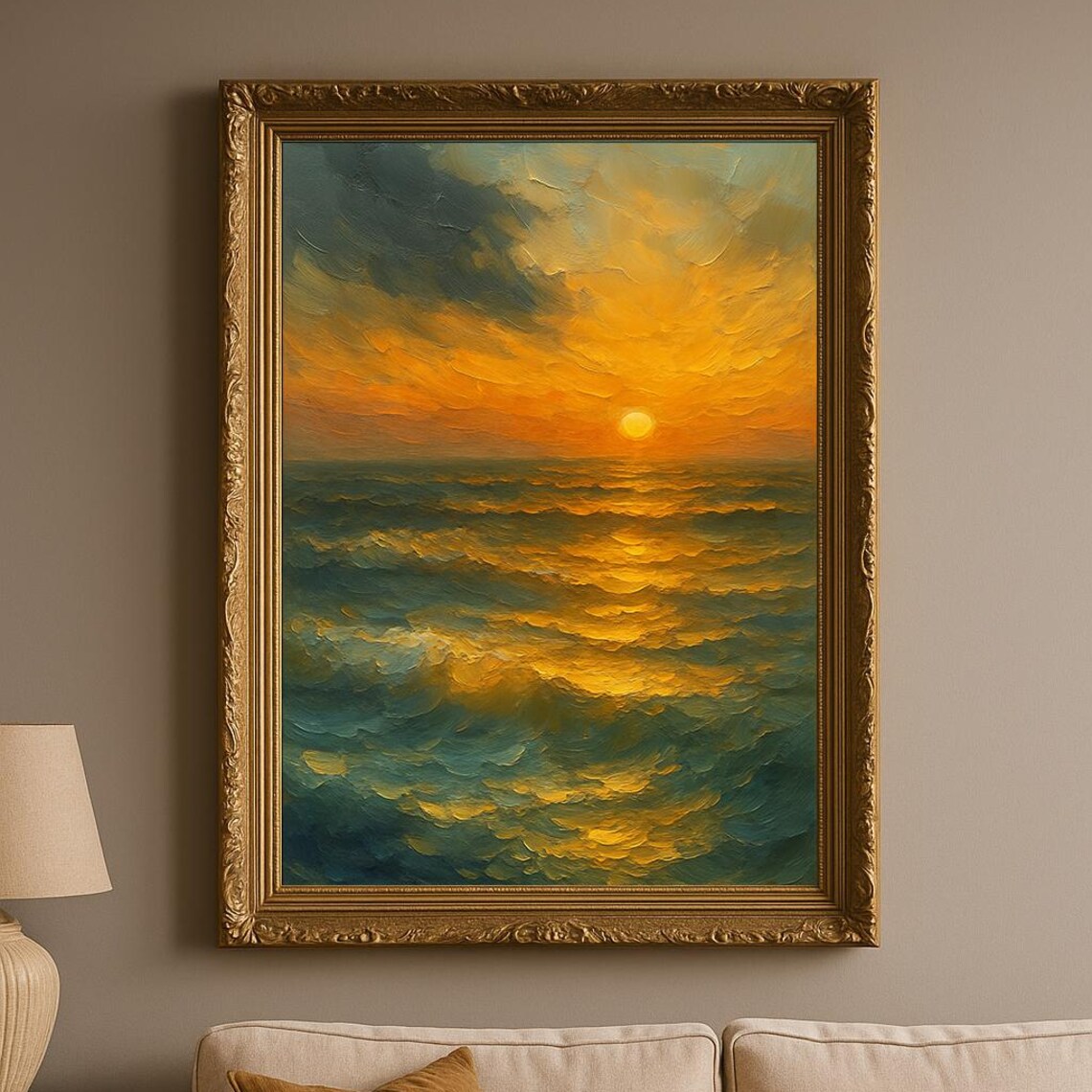Golden Sunset Over the Ocean Impressionist Seascape Oil Painting Poster