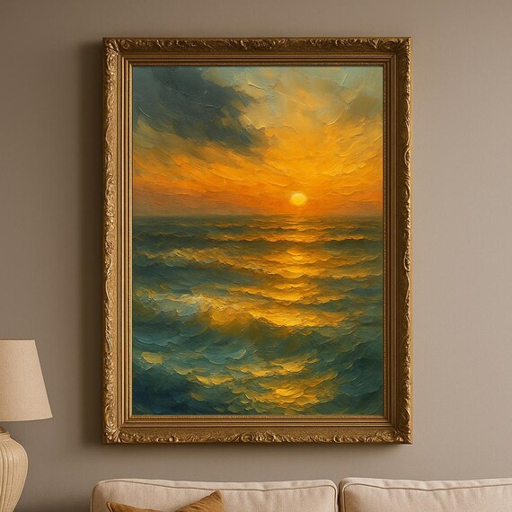 Golden Sunset Over the Ocean Impressionist Seascape Oil Painting Poster