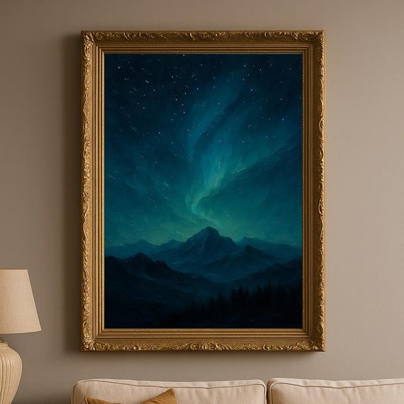 Celestia Night Sky Wall Art Aurora Borealis Landscape Painting Serene Starscape Print Celestial Poster Or For Home Decor
