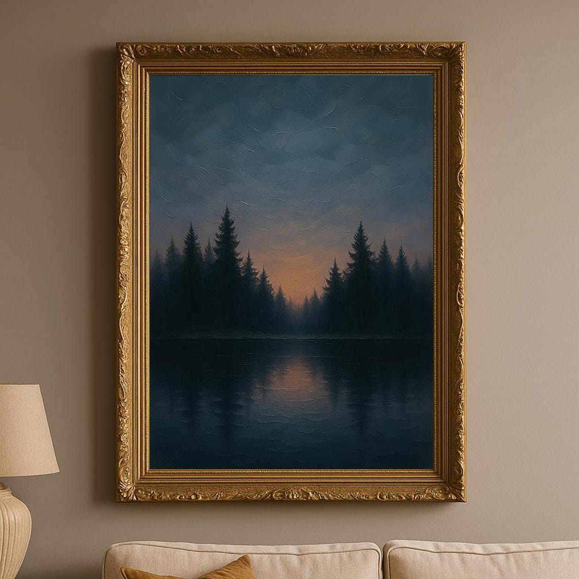 Misty Pine Forest Lake at Dusk Moody Landscape Painting Poster