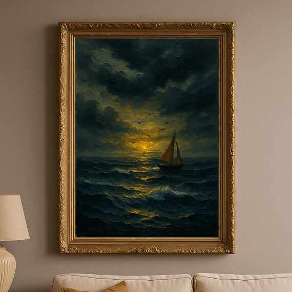 Lonely Golden Sailboat at Sunset on a Stormy Sea Painting Poster