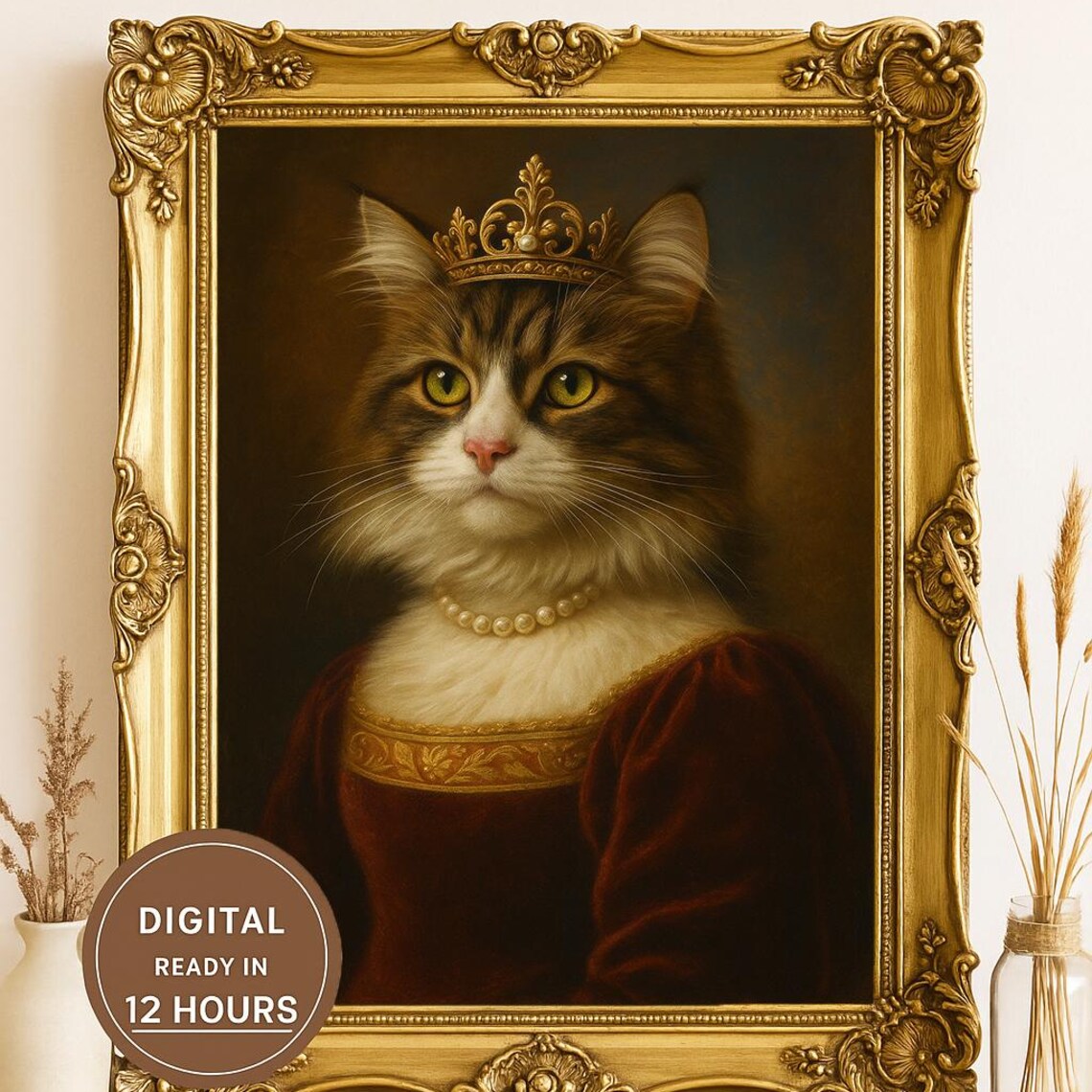 Custom Empress Cat Portrait Crown Red Dress Royal Pet Poster