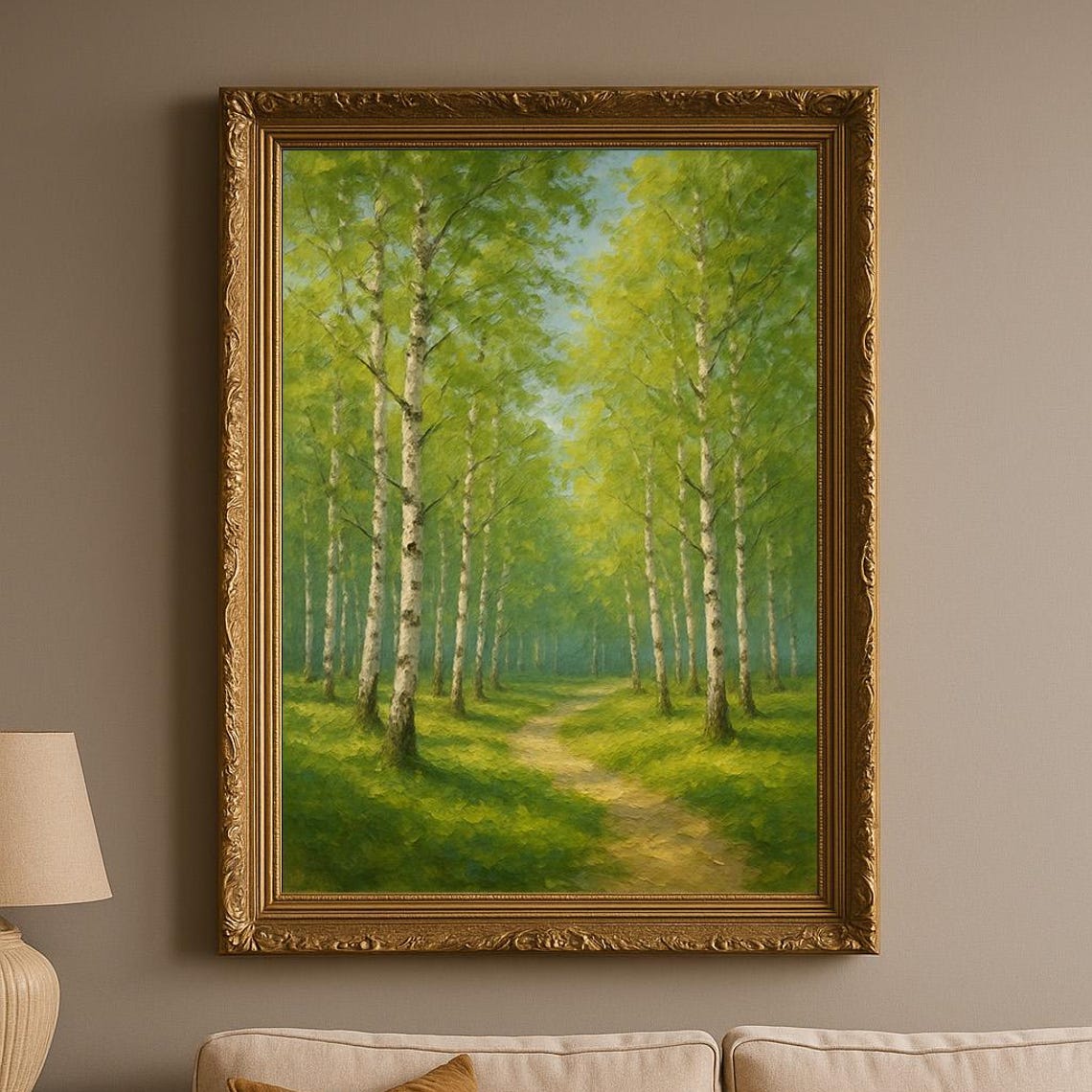 Sunlit Birch Tree Forest Path in Spring Woodland Oil Painting Poster