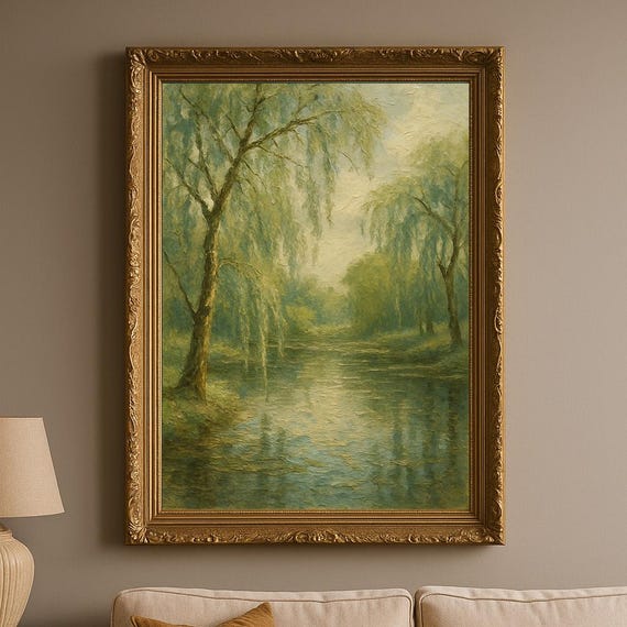Willow Silence Forest Wall Art Sunlit Pond Landscape Oil Painting Reflective Water Scene Calm Tree Nature Decor