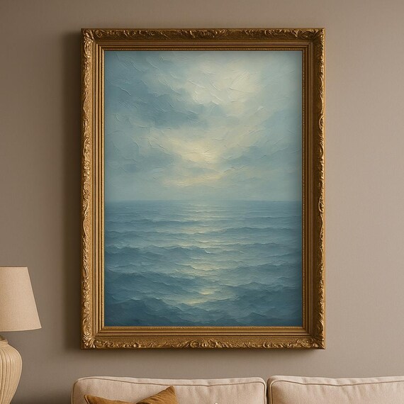Calm Blue Grey Ocean Waves Minimalist Seascape Painting Poster