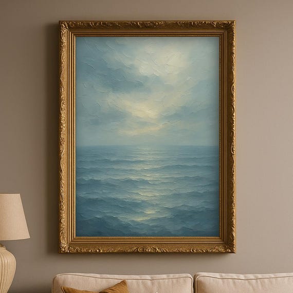 Stillwater Ocean Wall Art Minimalist Seascape Painting Calm Sea Print For Entryway Moody Coastal Abstract Poster Or