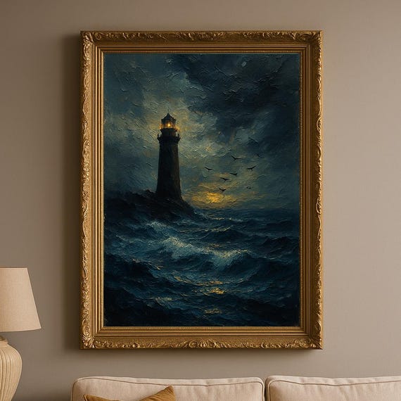 Guiding Light Ocean Wall Art Moody Lighthouse Oil Painting Stormy Coastal Landscape Print Nautical Decor