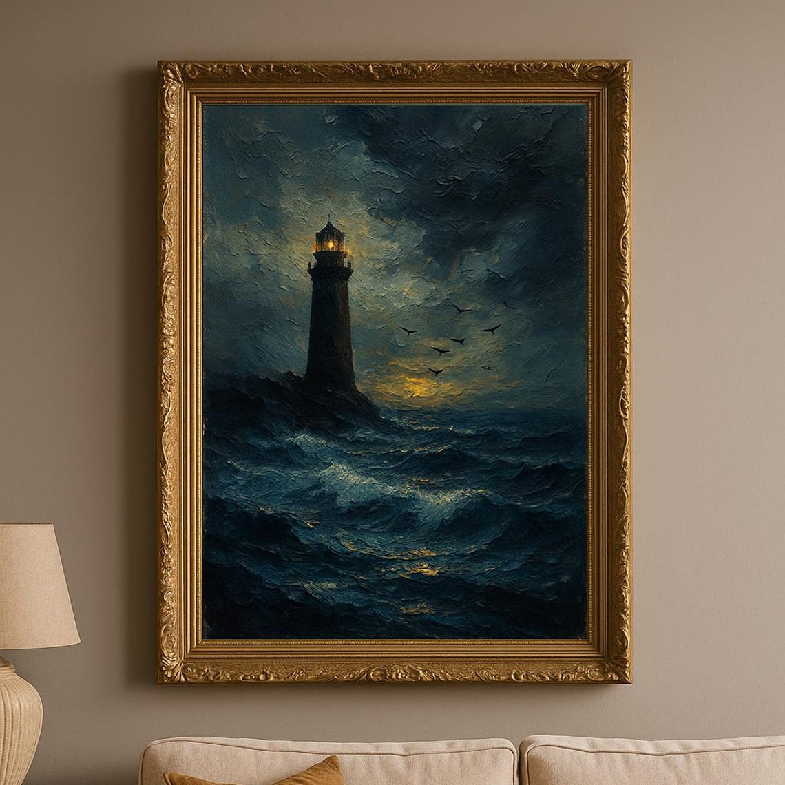Lighthouse on Rocky Coast in Storm Dark Seascape Oil Painting Poster