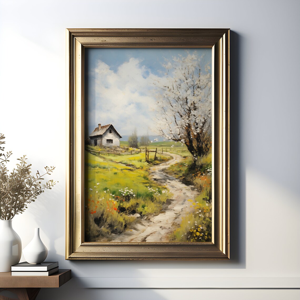 Vintage Village Cottage Blooming Tree Spring Oil Painting Poster - Image 3