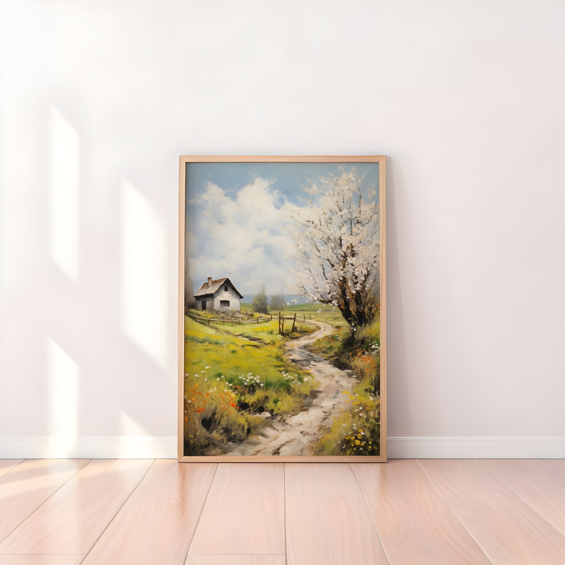 Vintage Village Cottage Blooming Tree Spring Oil Painting Poster - Image 4