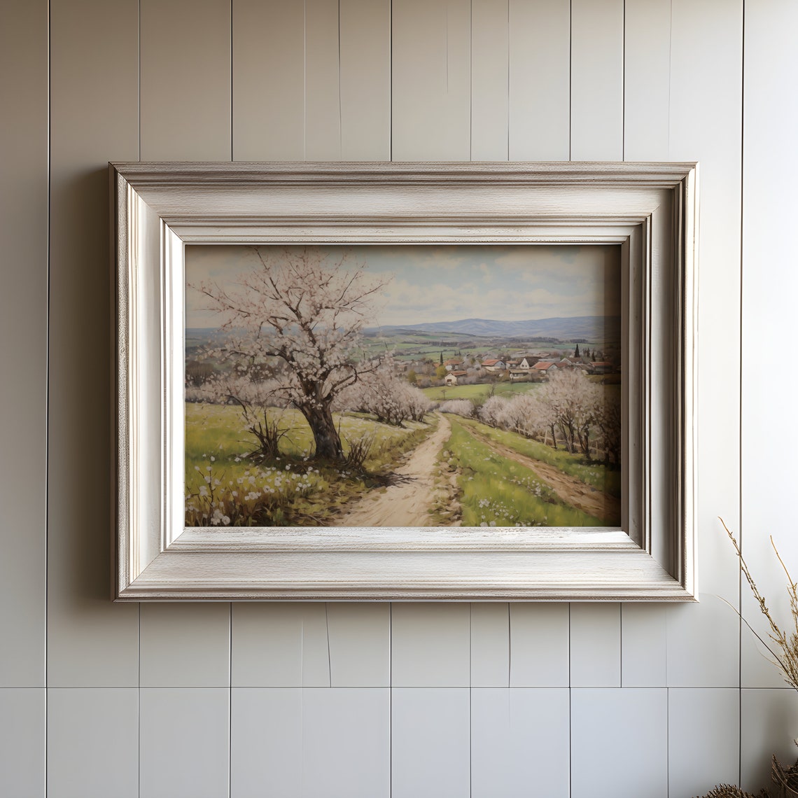 Orchard In Bloom Spring Landscape Village Path Vintage Painting Poster