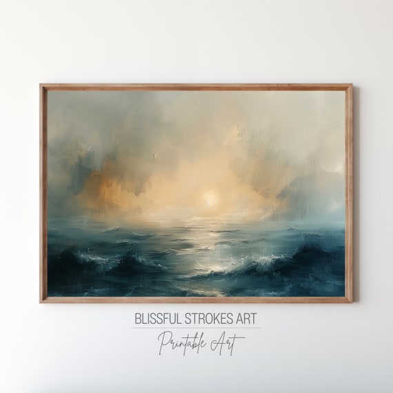 Art Abstract Sunset Seascape Print Vintage Oil Painting Moody Ocean Waves Art Print