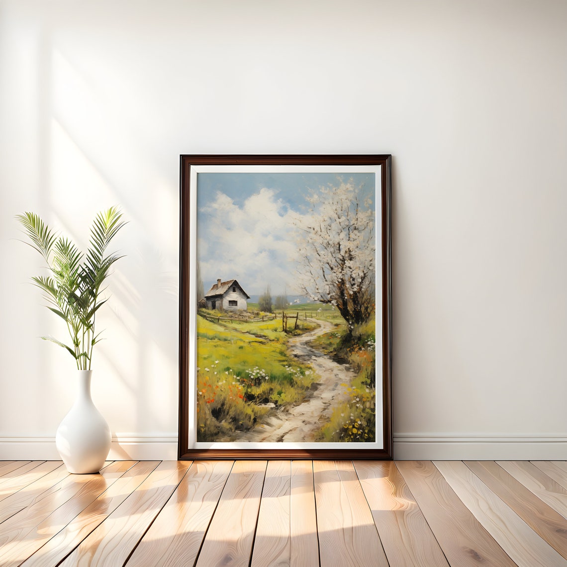 Vintage Village Cottage Blooming Tree Spring Oil Painting Poster - Image 2