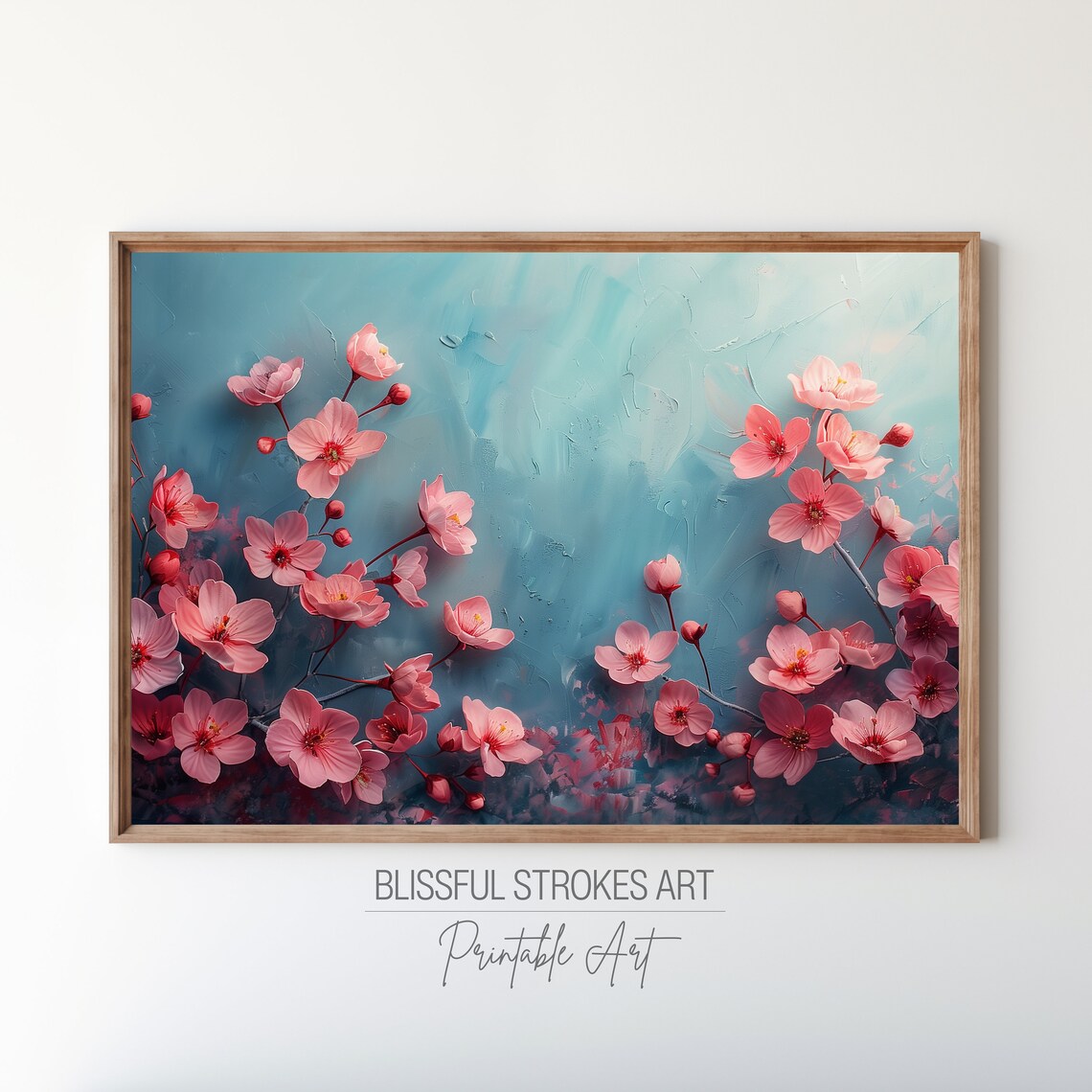 Pink Cherry Blossoms On Teal Textured Floral Painting Poster