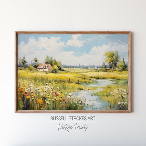Sunny Countryside Cottage Stream Wildflower Field Vintage Oil Print