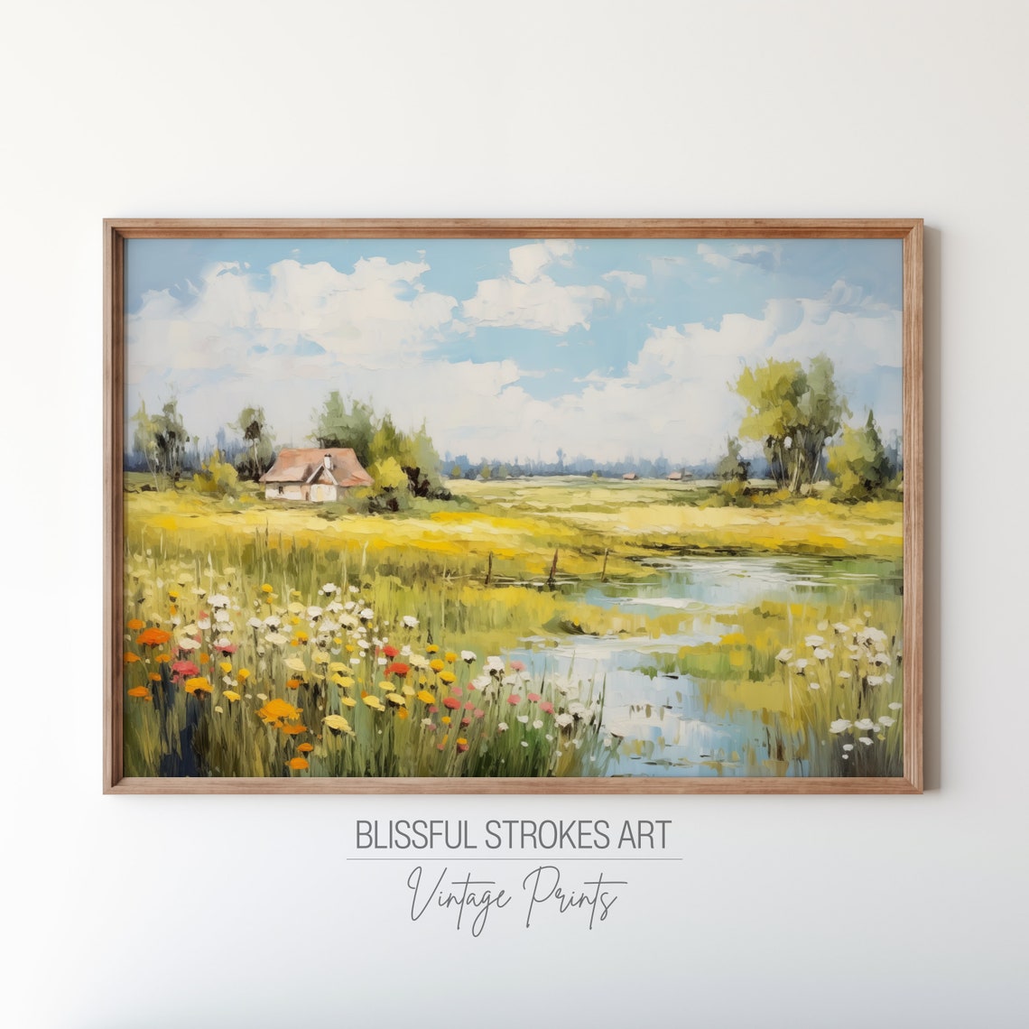 Sunny Countryside Cottage Stream Wildflower Field Vintage Oil Print