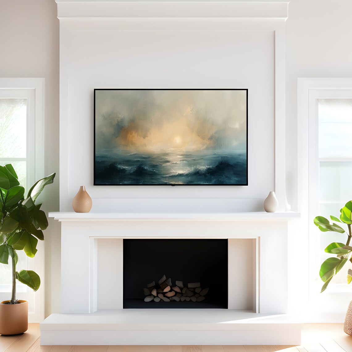 Moody Golden Sunset Ocean Waves Dark Seascape Painting Poster - Image 4