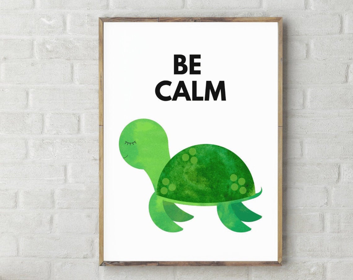 Be Calm Sweet Green Watercolor Turtle Nursery Affirmation Poster