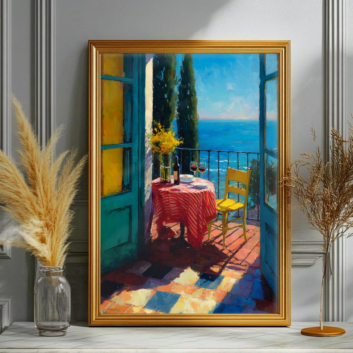 Mediterranean Balcony Sea View Wine Table Sunny Terrace Poster