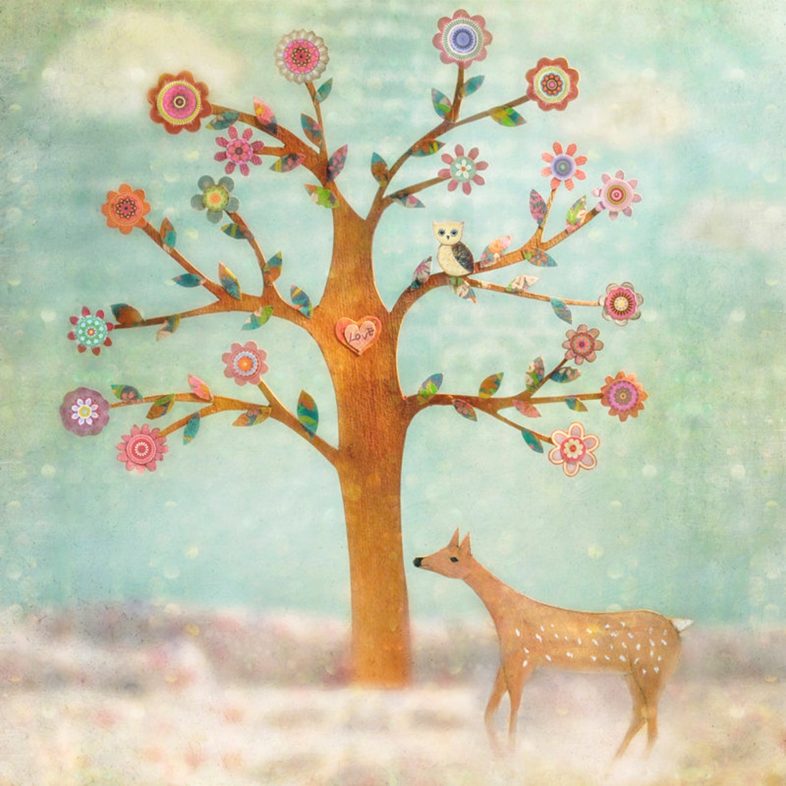 Fawn and Owl beneath a Flowering Tree Dreamy Garden Nursery Poster
