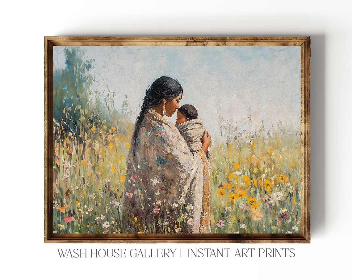 Mother Embracing Her Baby in a Blooming Wildflower Meadow Poster