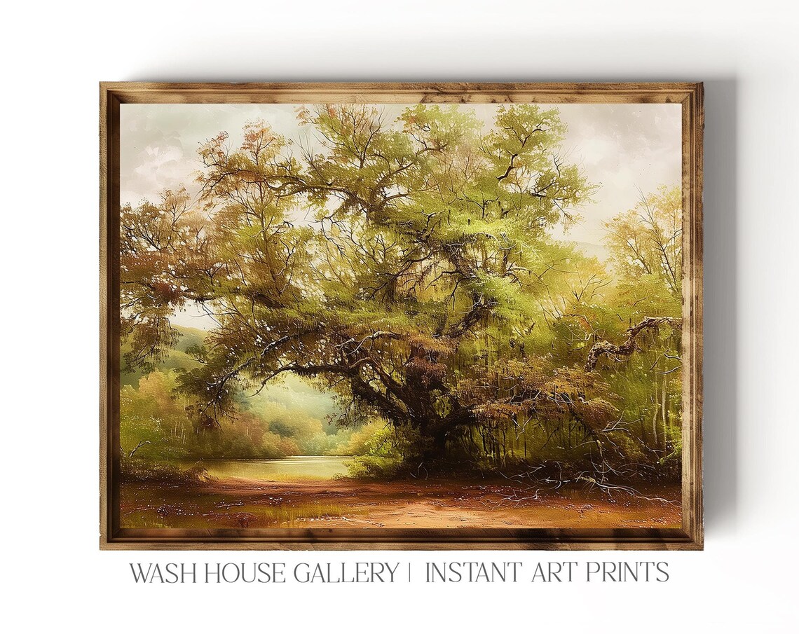Live Oak Beside a Still Lake with Autumn Tinted Canopy Vintage Poster