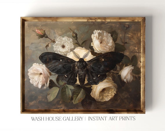 Moth Print Dark Cottagecore Wall Art Dark Botanical Prints Farmhouse Wall Art Vintage Oil Painting Instant Vintage Butterfly Print