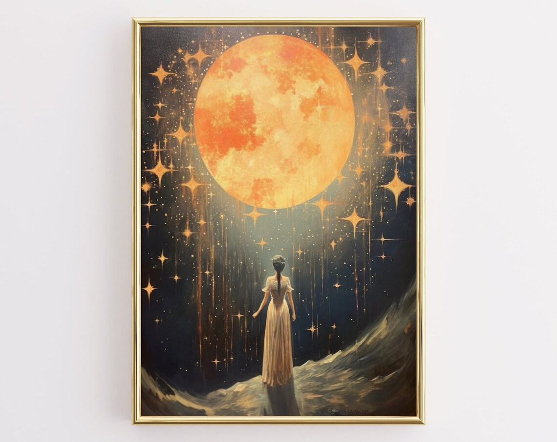 Woman Gazing Golden Moon Celestial Night Sky Stars Art Poster
