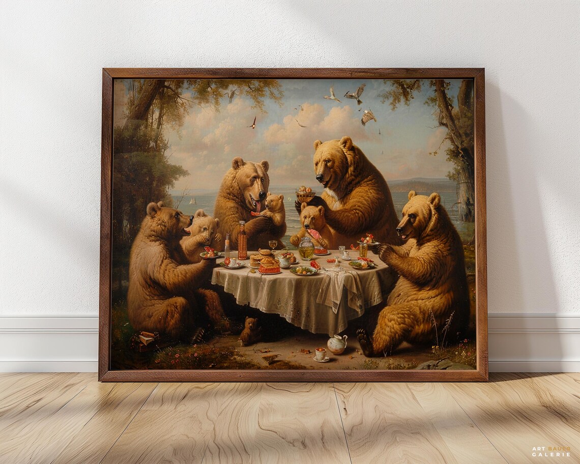 Bear Family Lakeside Picnic Feast Vintage Whimsical Animal Art Poster - Image 5
