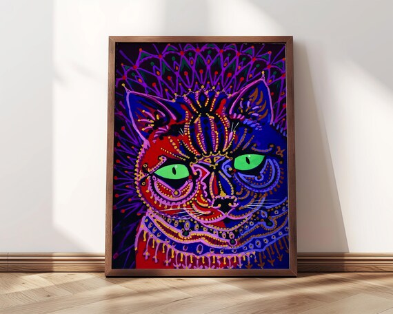 Louis Wain Psychedelic Night Cat Neon Blue Green Eyes Art Poster