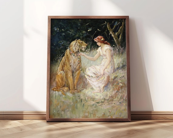 Lady And The Tiger Church 1900 Woman Garland Tiger Garden Art Poster