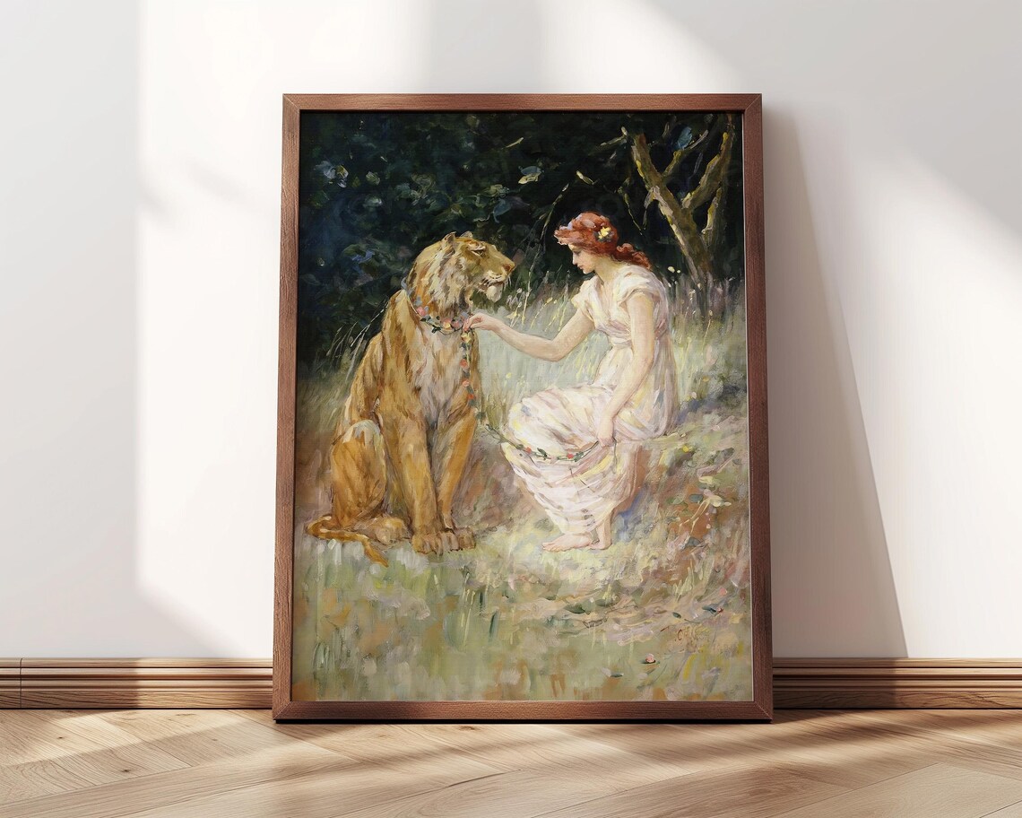 Lady And The Tiger Church 1900 Woman Garland Tiger Garden Art Poster