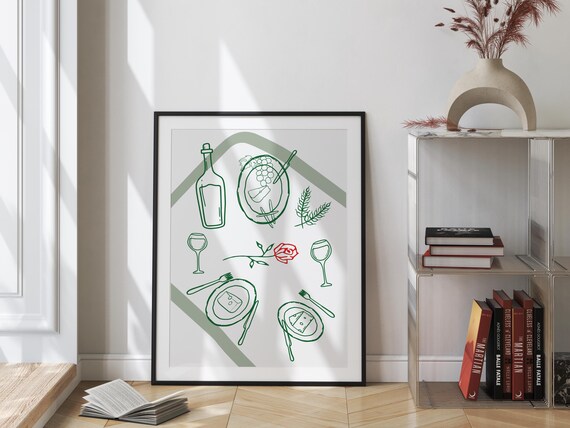 Wine And Cheese Picnic Art Print Poster Vintage Food Trendy Retro Drink Illustration Mid Century Modern Kitchen Wall
