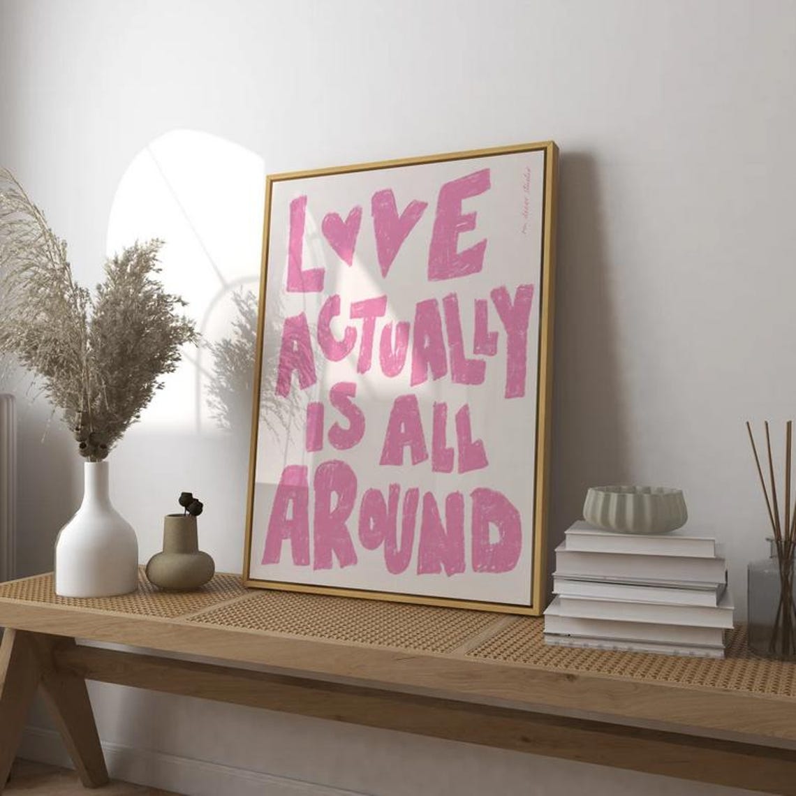 Love Actually Is All Around Pink Block Letters Quote Gift Poster