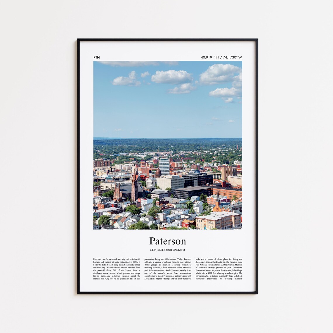 Paterson New Jersey Cityscape Aerial Skyline Travel Photo Poster