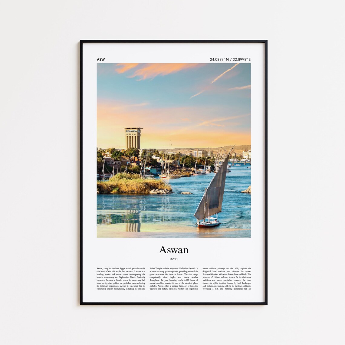 Aswan Egypt Nile Felucca Sunset River Golden Travel Photo Poster