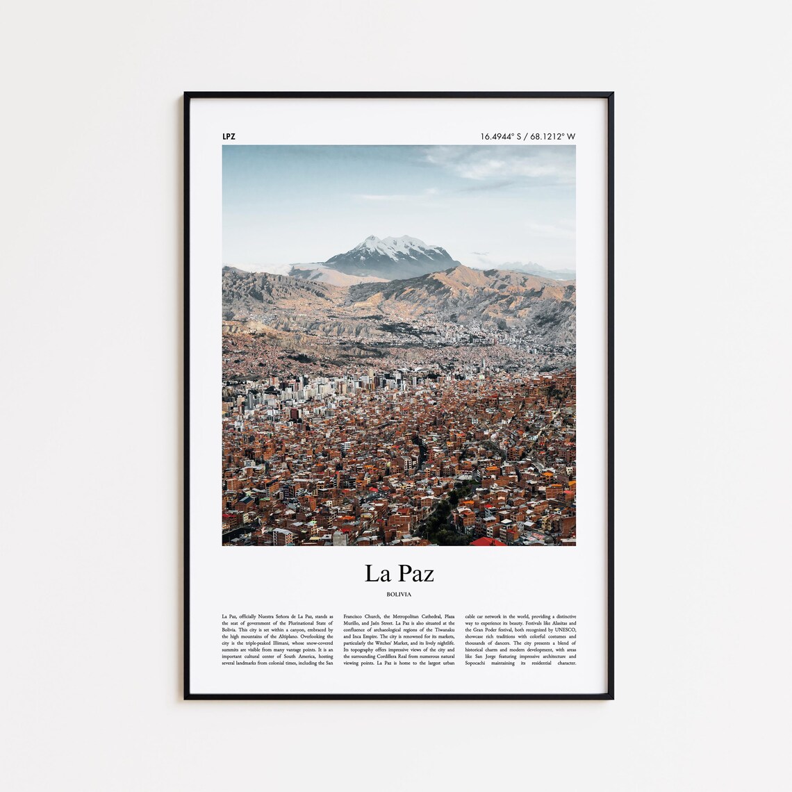 La Paz Bolivia Andes City Panorama Snowy Peaks Photo Travel Poster