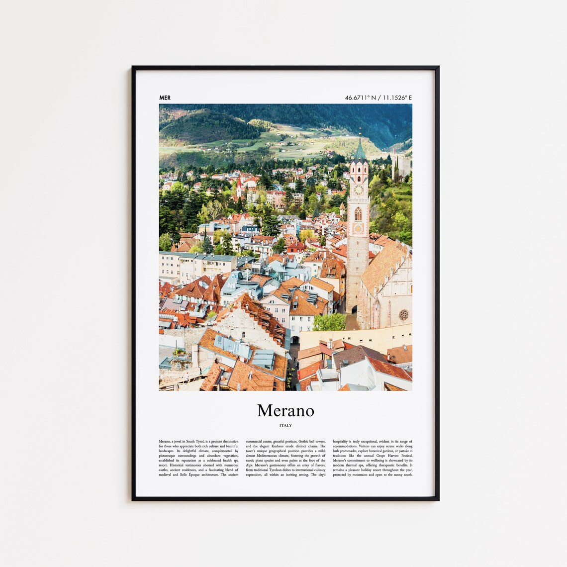 Merano Italy Alpine Old Town Church Tower Scenic Valley Travel Poster