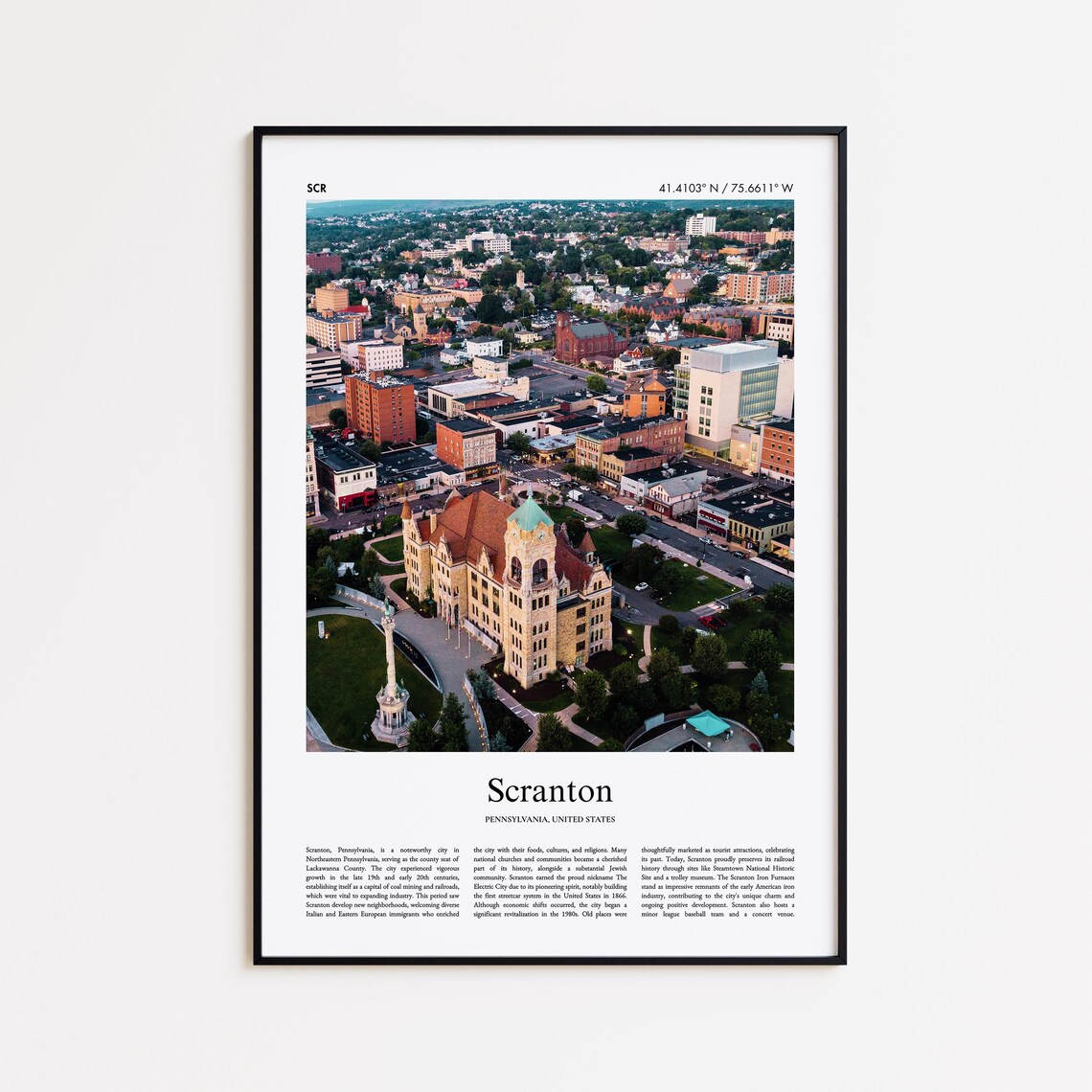 Scranton Pennsylvania Downtown Aerial Historic Buildings Travel Poster