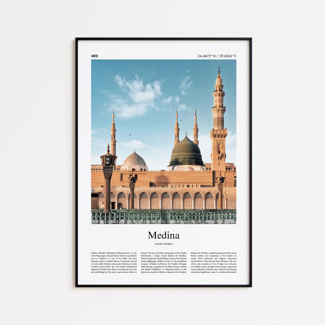 Medina Saudi Arabia Prophets Mosque Green Dome Minimalist Poster