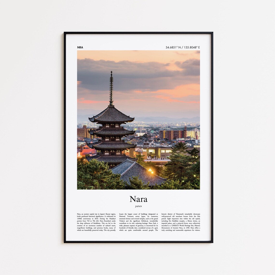 Nara Japan Five Tiered Pagoda Sunset Minimalist Travel Photo Poster