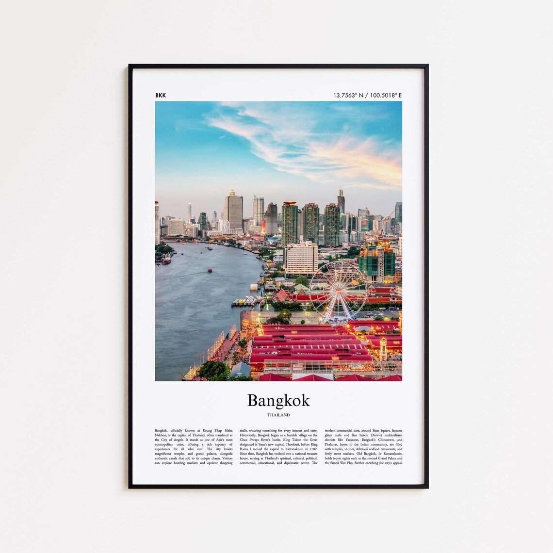 Bangkok Thailand Chao Phraya River Skyline at Dusk Travel Poster