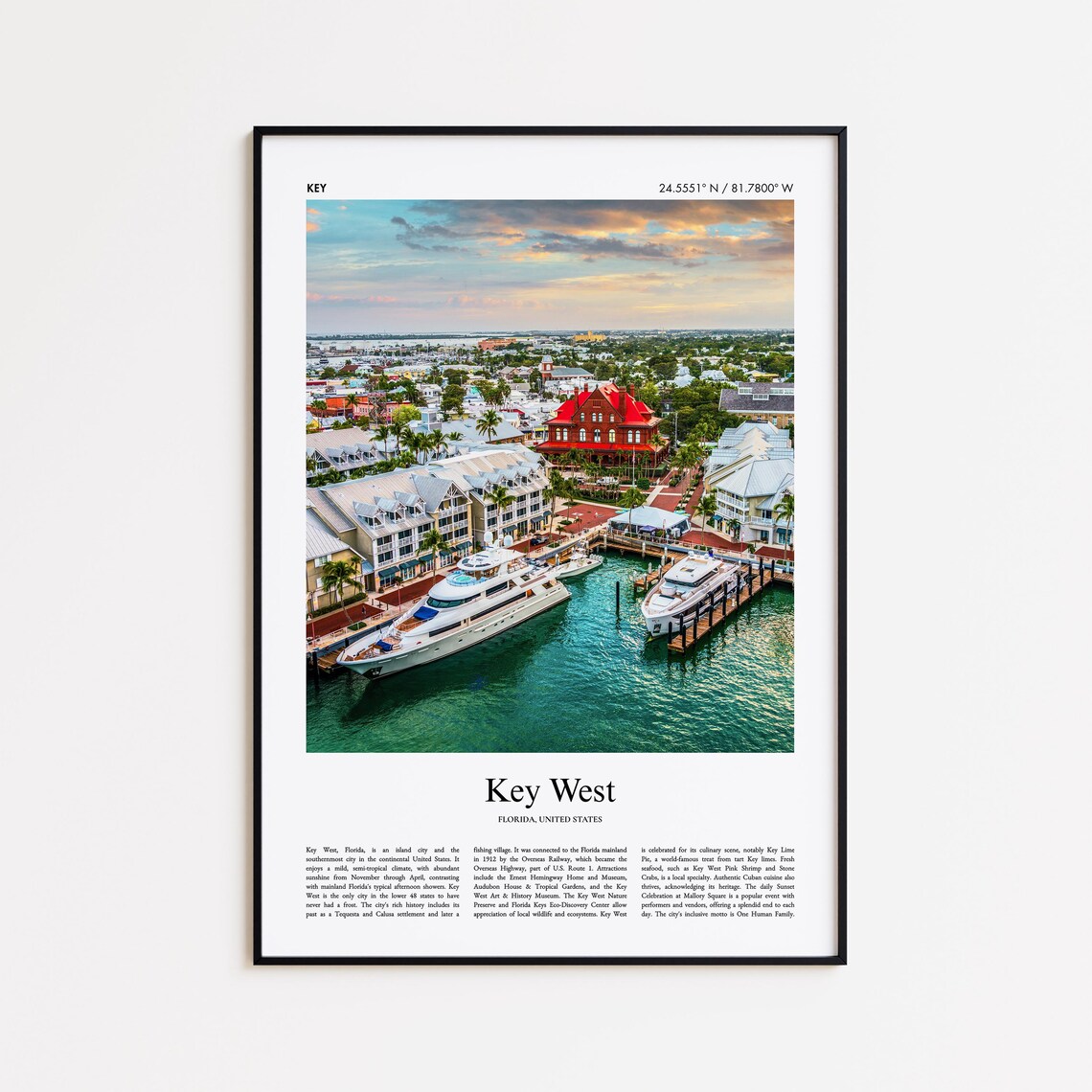 Key West Florida Harbor Yachts Sunset Real Photo Travel Poster