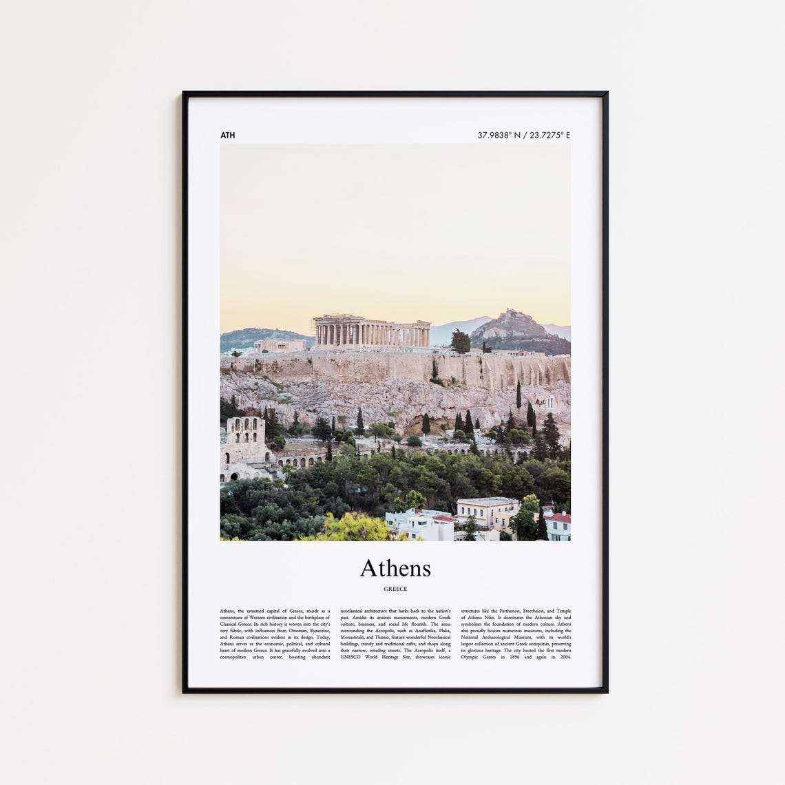 Athens Greece Acropolis Parthenon Sunset Landmark Travel Photo Poster