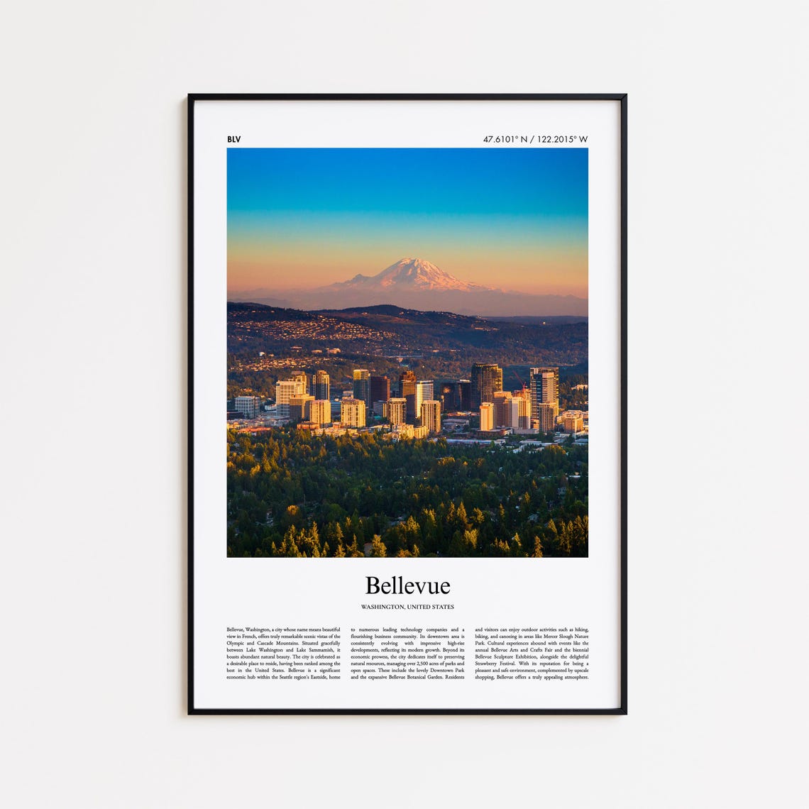Bellevue Washington Skyline with Mount Rainier Minimalist Poster
