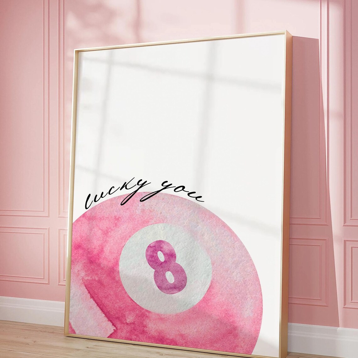 Lucky You Pink Watercolor Eight Ball Dorm Room Trendy Wall Art