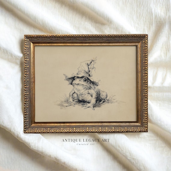 Vintage Halloween Witch Frog Sketch Print Spooky Toad Drawing In Hat Wall Art Rustic Gothic Animal Dark Academia Decor