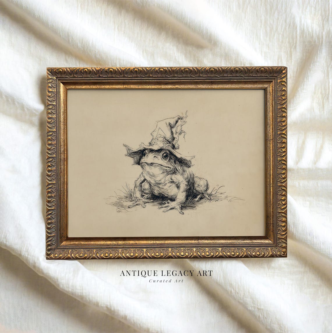 Vintage Halloween Witch Frog Sketch Print Spooky Toad Drawing In Hat Wall Art Rustic Gothic Animal Dark Academia Decor