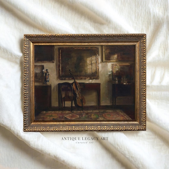 Vintage Violin Still Life Painting Print Moody Dark Academia Wall Art Antique Victorian Music Interior Decor