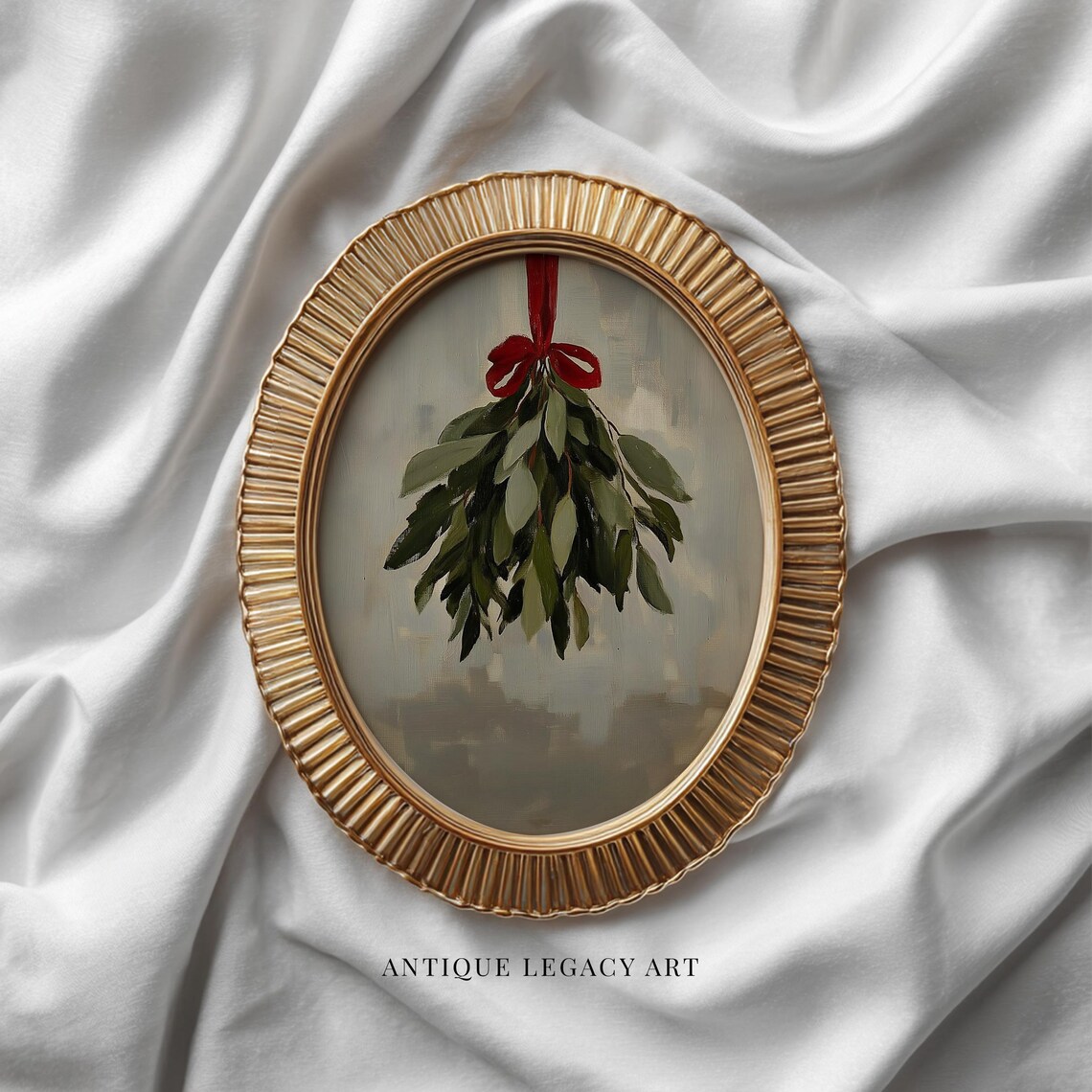 Vintage Hanging Mistletoe Red Bow Christmas Holiday Oil Painting Art Poster